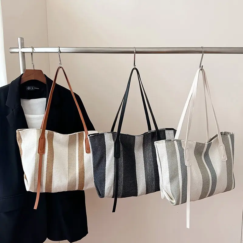 2025 Large Canvas Tote Bag with Vertical Stripes - Image 5