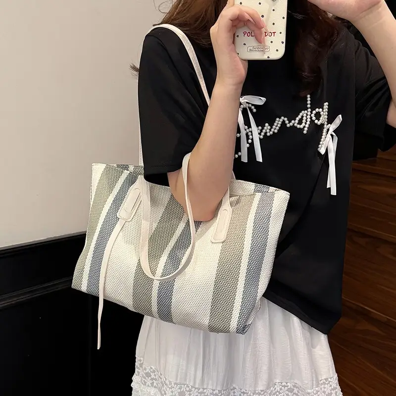 2025 Large Canvas Tote Bag with Vertical Stripes - Image 6