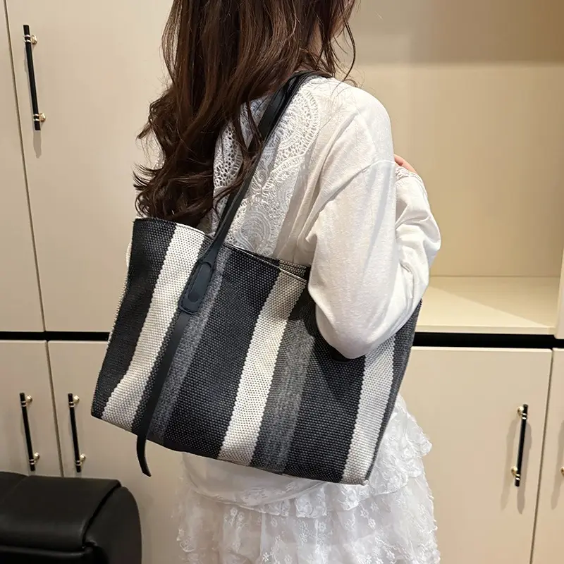 2025 Large Canvas Tote Bag with Vertical Stripes - Image 7