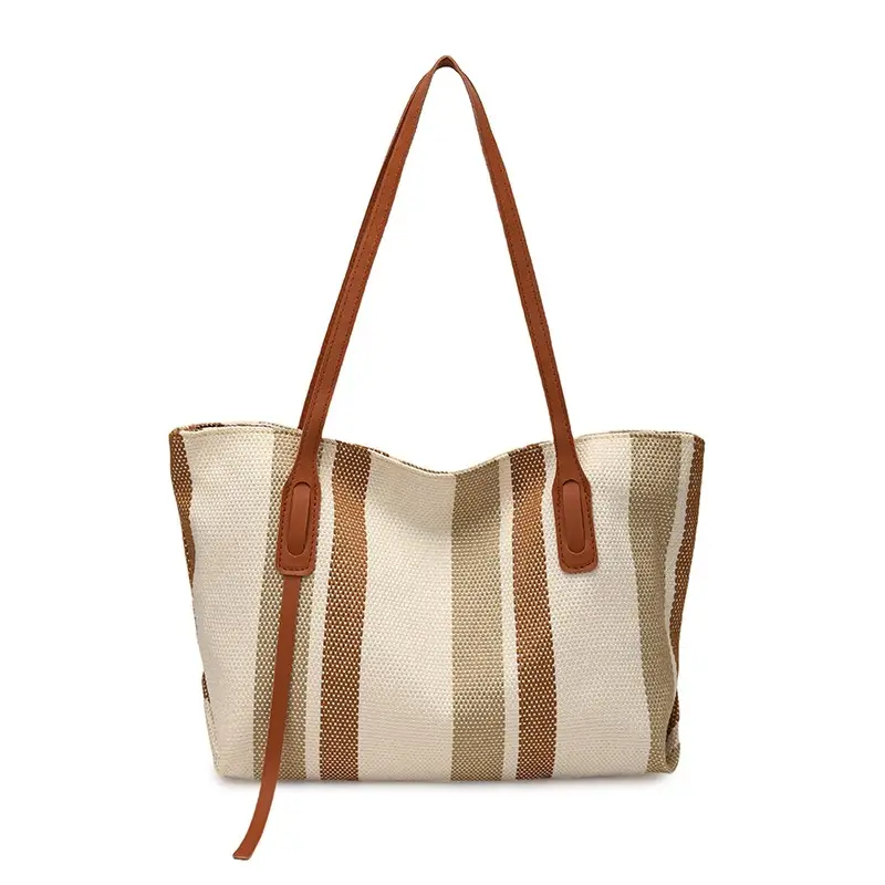 2025 Large Canvas Tote Bag with Vertical Stripes - Image 8