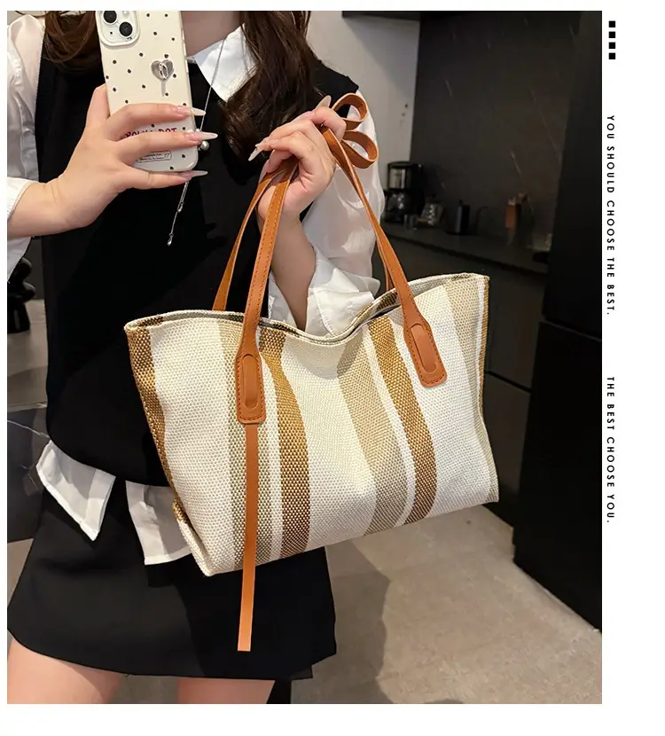2025 Large Canvas Tote Bag with Vertical Stripes — feature 1