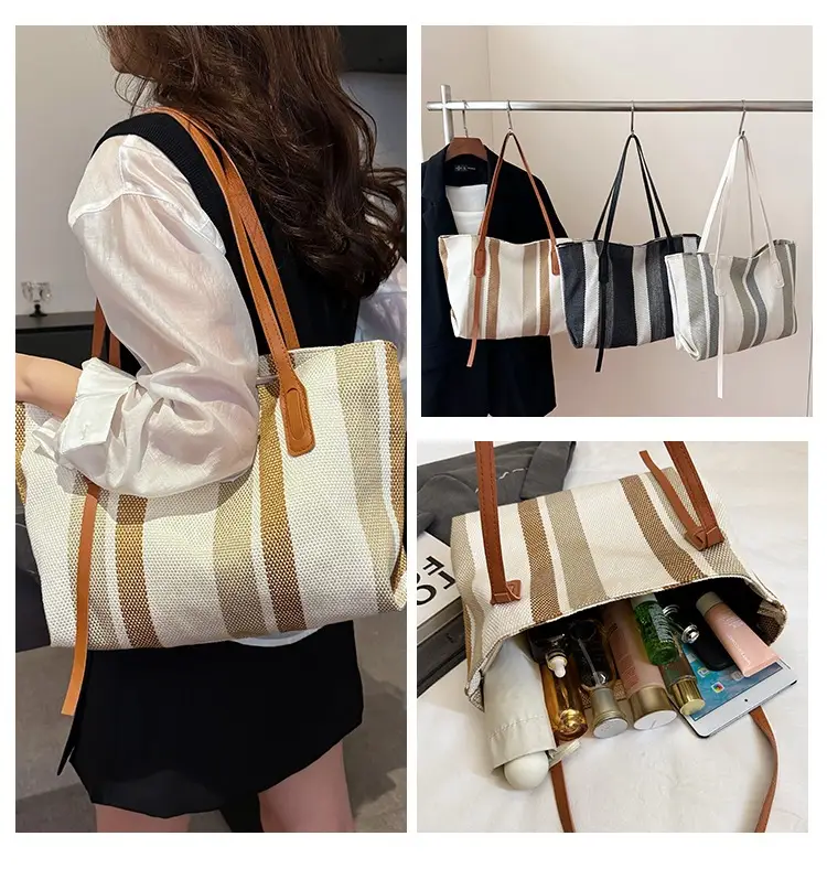 2025 Large Canvas Tote Bag with Vertical Stripes — feature 12