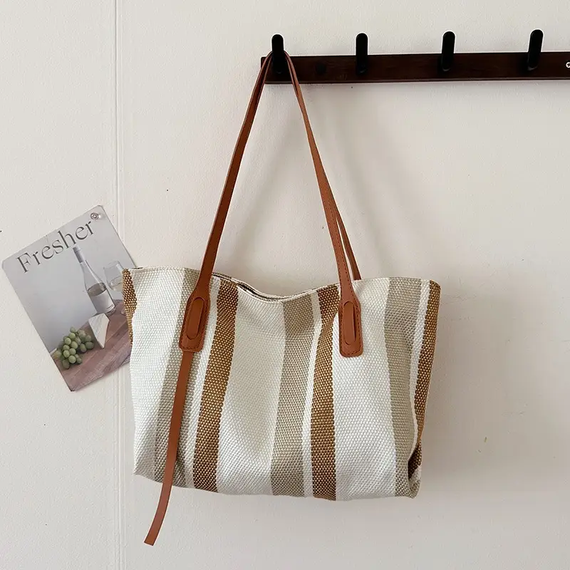 2025 Large Canvas Tote Bag with Vertical Stripes - Image 2