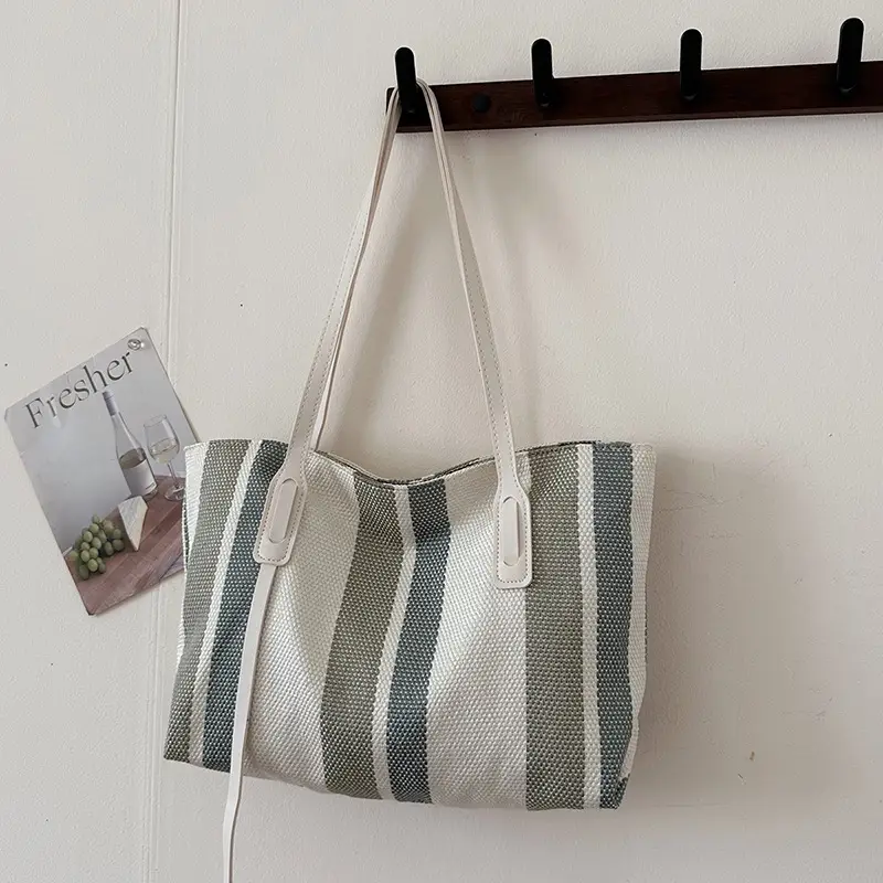 2025 Large Canvas Tote Bag with Vertical Stripes - Image 3
