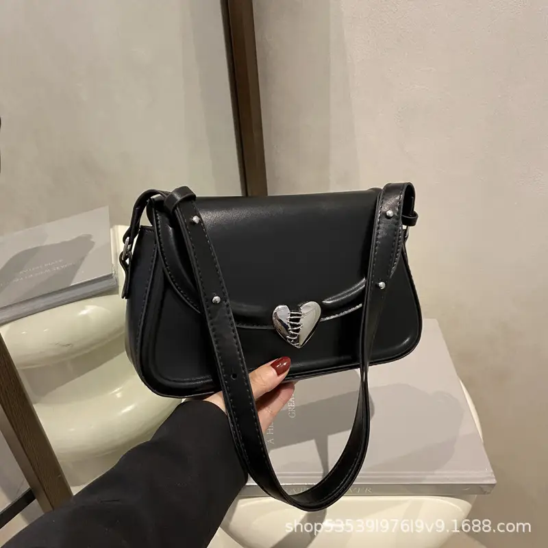 Black French Style Heart Lock Shoulder Bag for Women - Image 6
