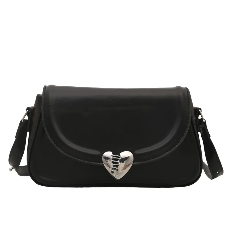 Black French Style Heart Lock Shoulder Bag for Women - Image 2