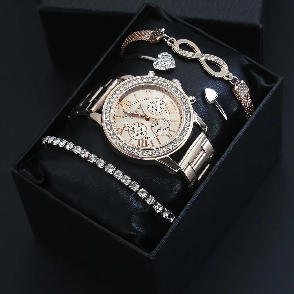 Women's Quartz Bracelet Watch Set with Heart & Diamond Details - Image 4