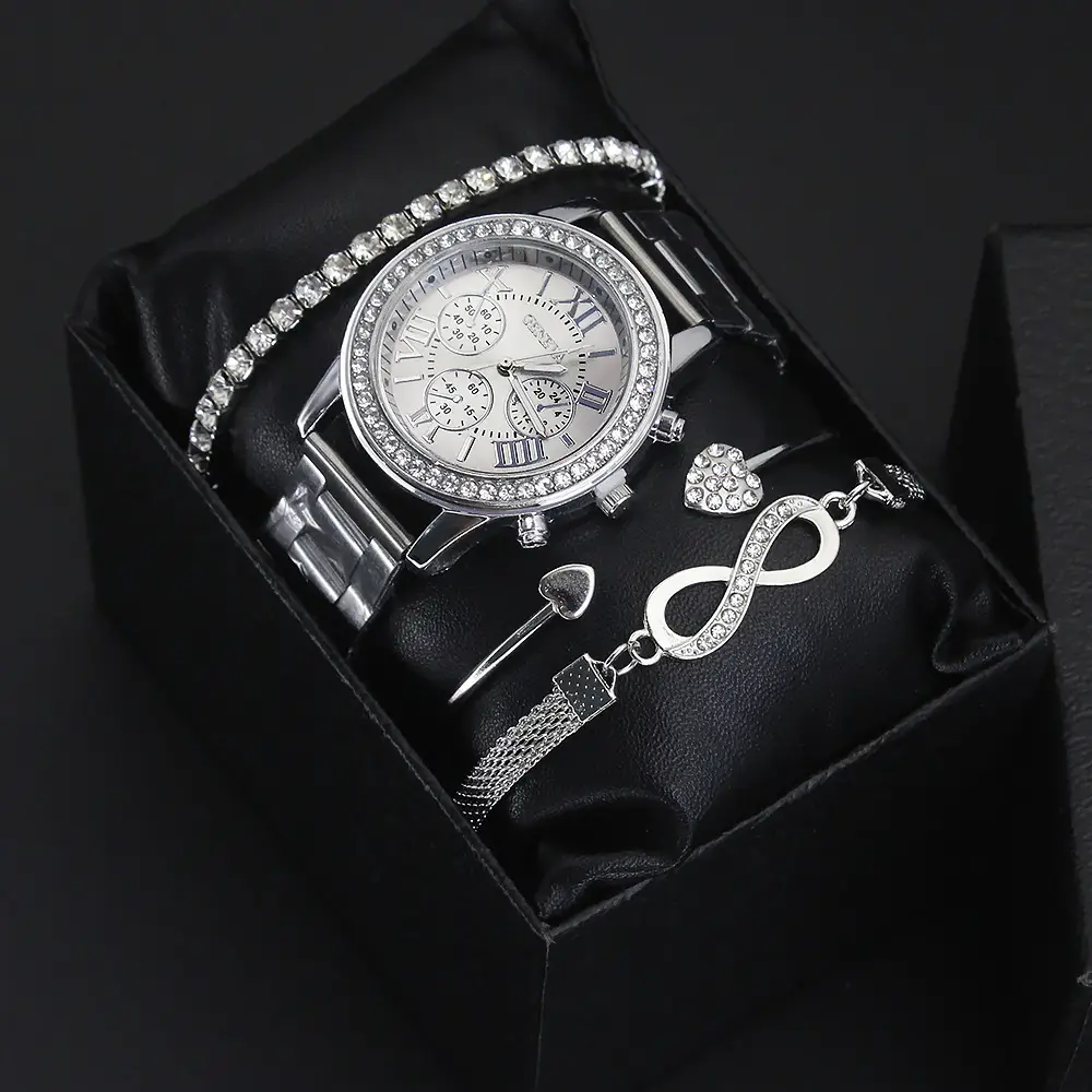 Women's Quartz Bracelet Watch Set with Heart & Diamond Details - Image 5