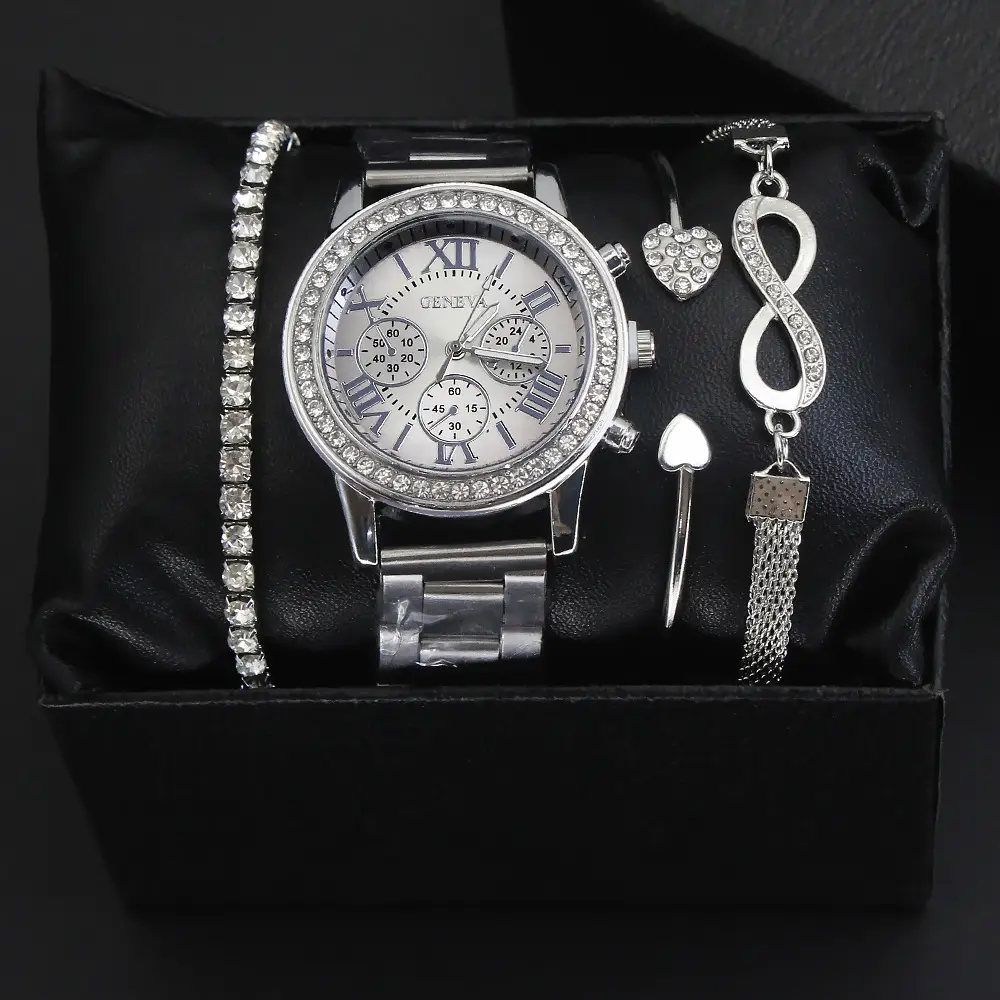 Women's Quartz Bracelet Watch Set with Heart & Diamond Details - Image 2