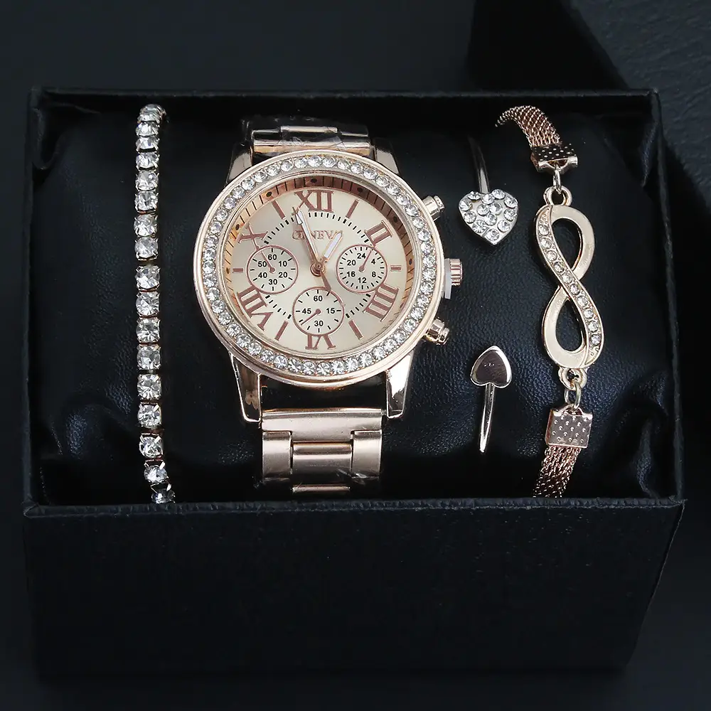 Women's Quartz Bracelet Watch Set with Heart & Diamond Details - Image 3
