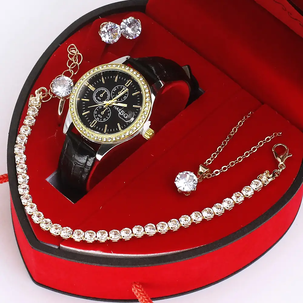 Women's Green Quartz Watch with Diamond Accessories Set - Image 9