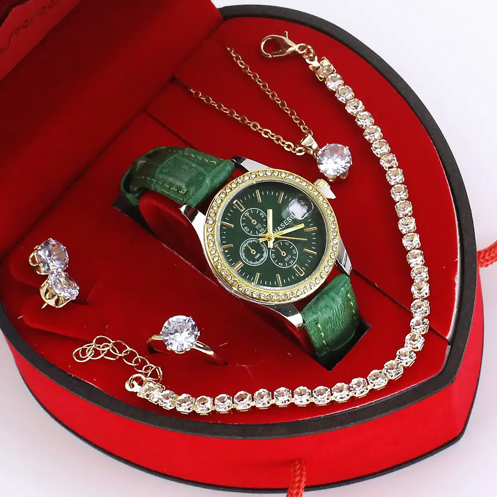 Women's Green Quartz Watch with Diamond Accessories Set - Image 2