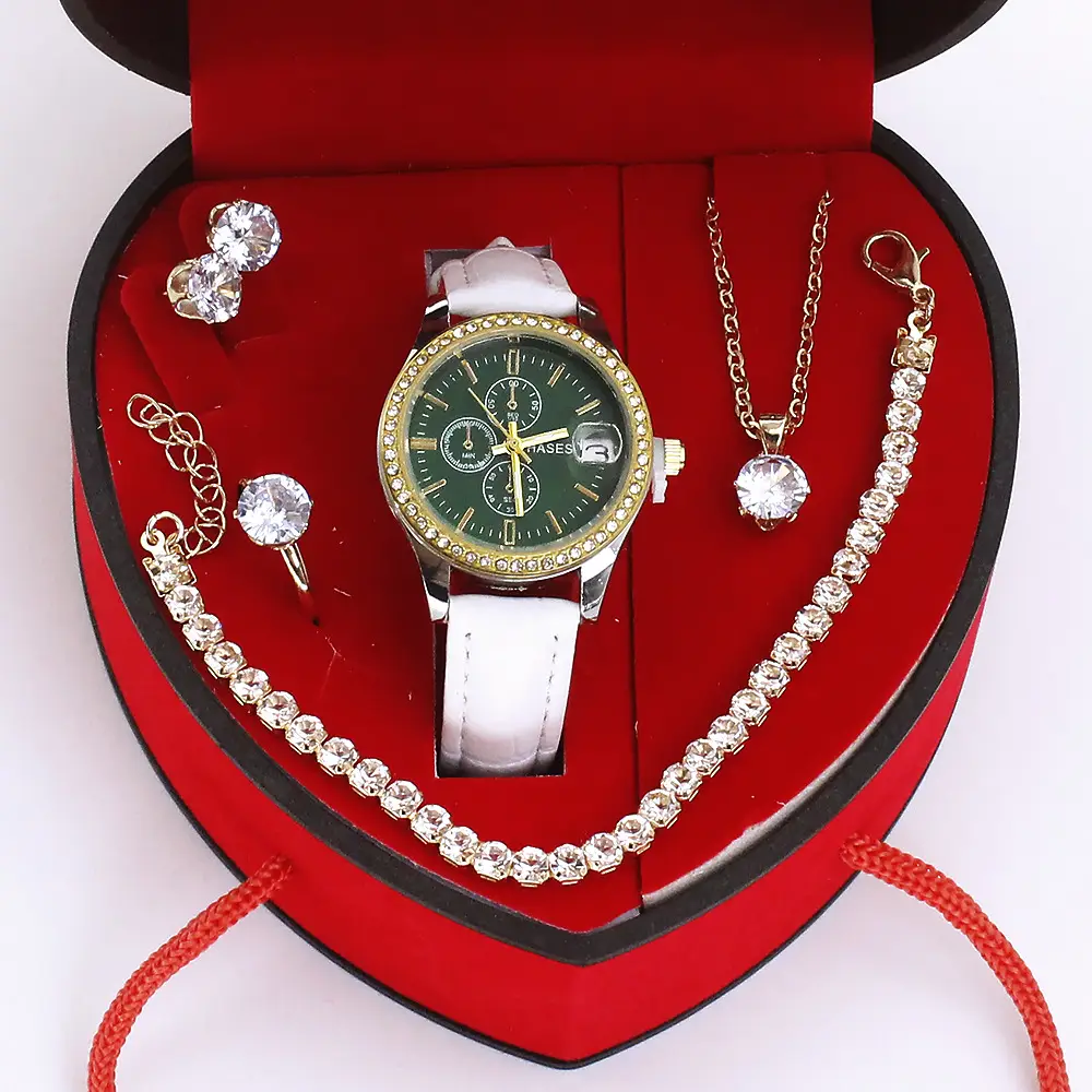 Women's Green Quartz Watch with Diamond Accessories Set - Image 10