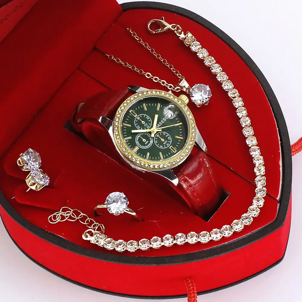 Women's Green Quartz Watch with Diamond Accessories Set - Image 4