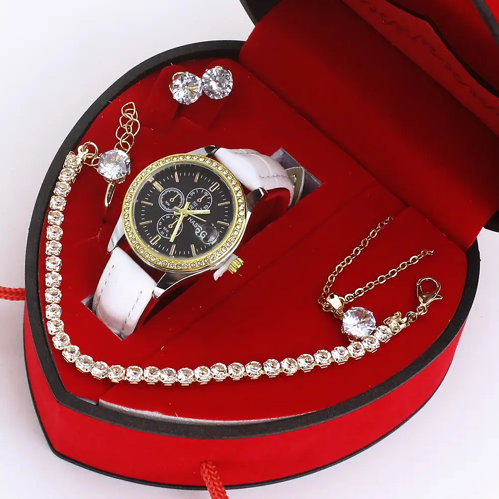Women's Green Quartz Watch with Diamond Accessories Set - Image 5