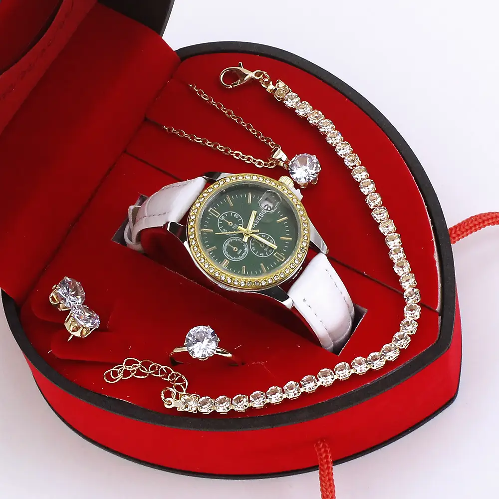Women's Green Quartz Watch with Diamond Accessories Set - Image 6
