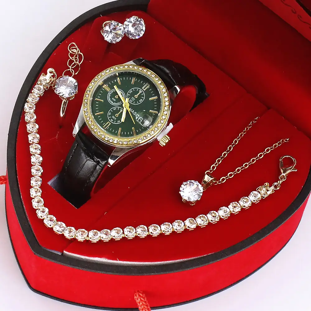 Women's Green Quartz Watch with Diamond Accessories Set - Image 8