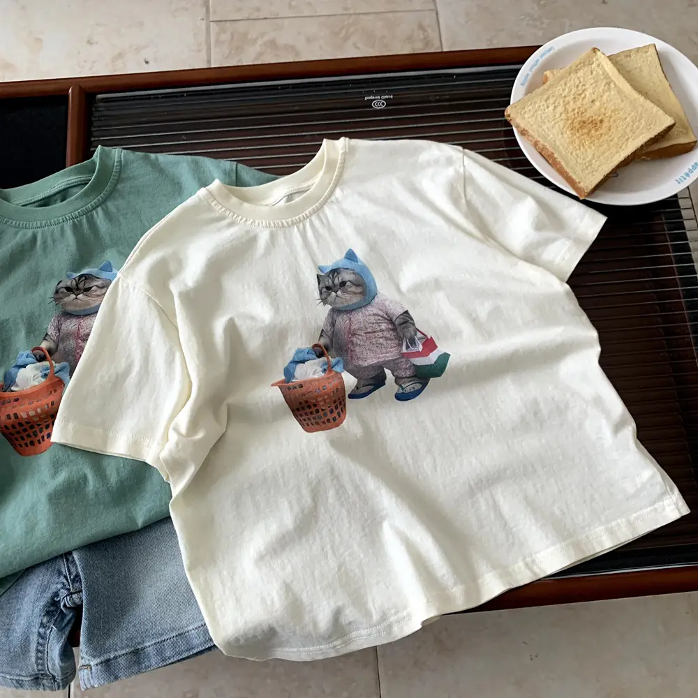 Boys Summer Cotton T-Shirt Mint Green Cat Print - Image 4