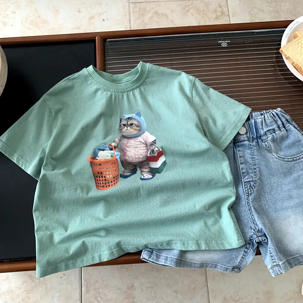 Boys Summer Cotton T-Shirt Mint Green Cat Print - Image 5