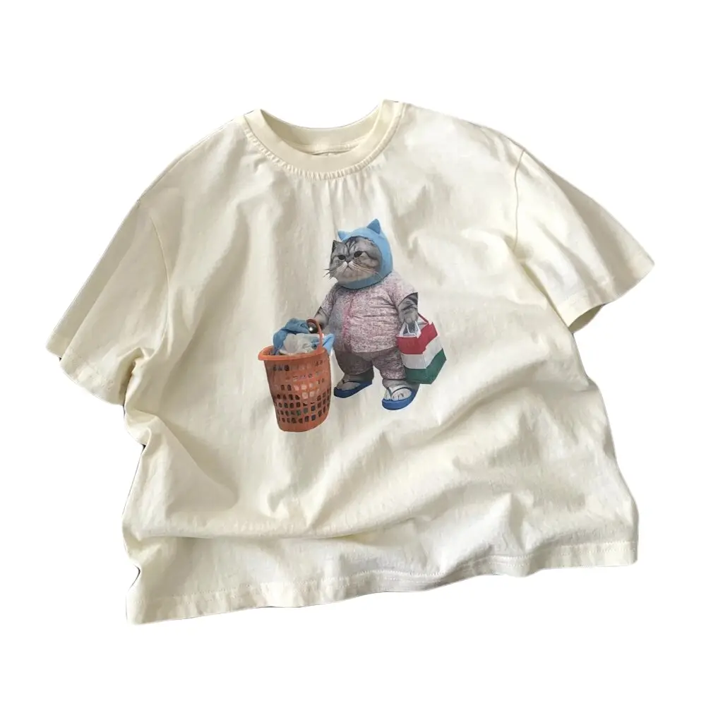 Boys Summer Cotton T-Shirt Mint Green Cat Print - Image 7