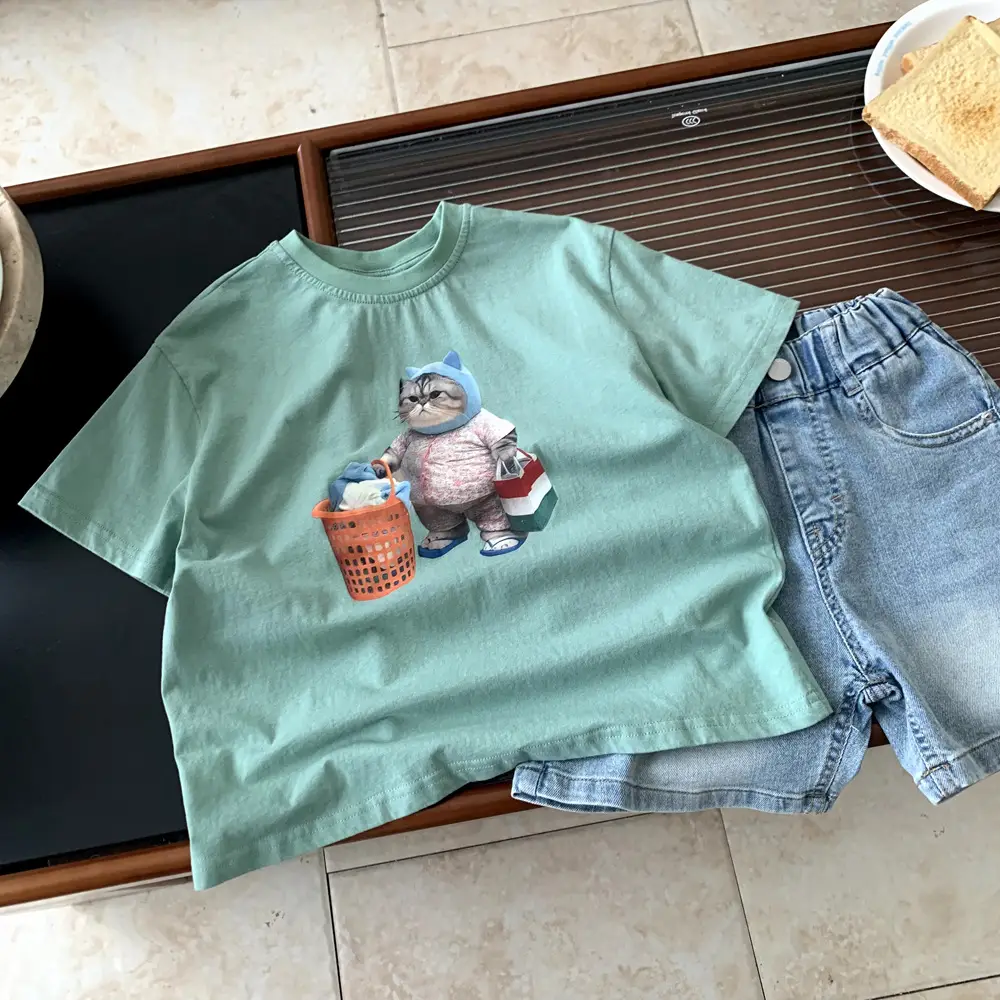 Boys Summer Cotton T-Shirt Mint Green Cat Print — feature 10