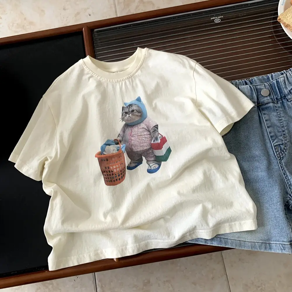 Boys Summer Cotton T-Shirt Mint Green Cat Print — feature 12
