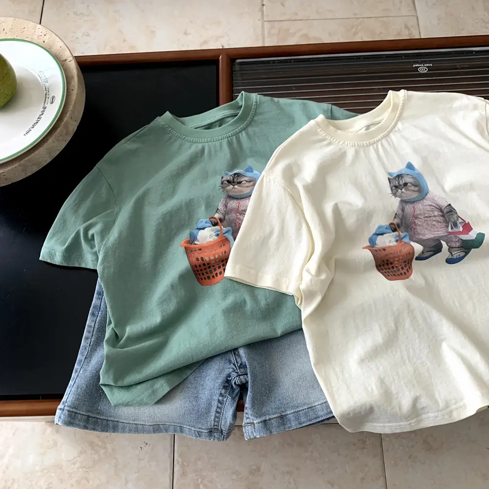 Boys Summer Cotton T-Shirt Mint Green Cat Print — feature 2