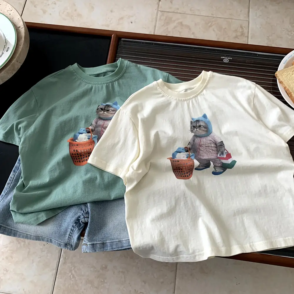 Boys Summer Cotton T-Shirt Mint Green Cat Print — feature 4