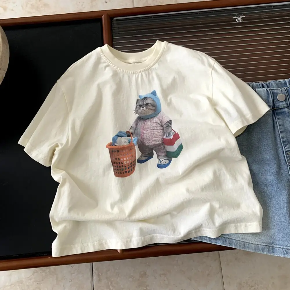 Boys Summer Cotton T-Shirt Mint Green Cat Print — feature 5