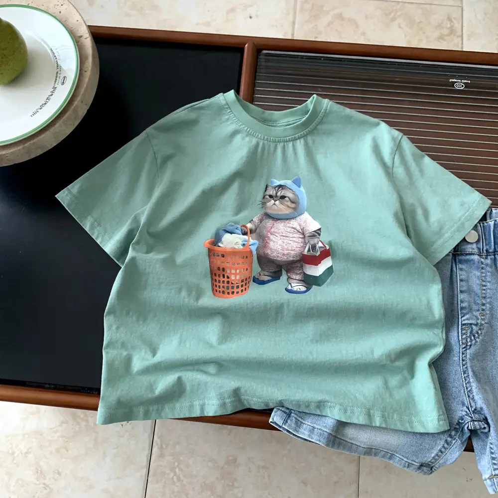 Boys Summer Cotton T-Shirt Mint Green Cat Print — feature 7