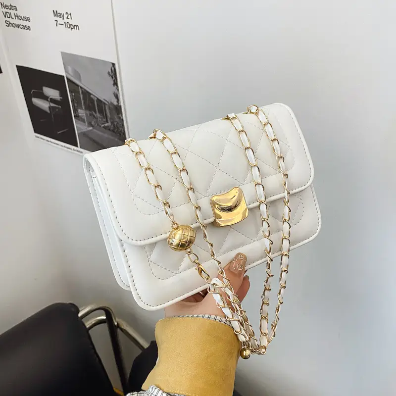 White Quilted Chain Crossbody Bag for Women