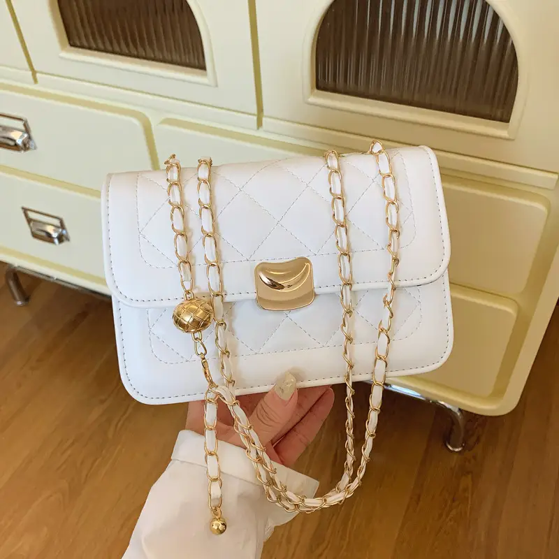 White Quilted Chain Crossbody Bag for Women