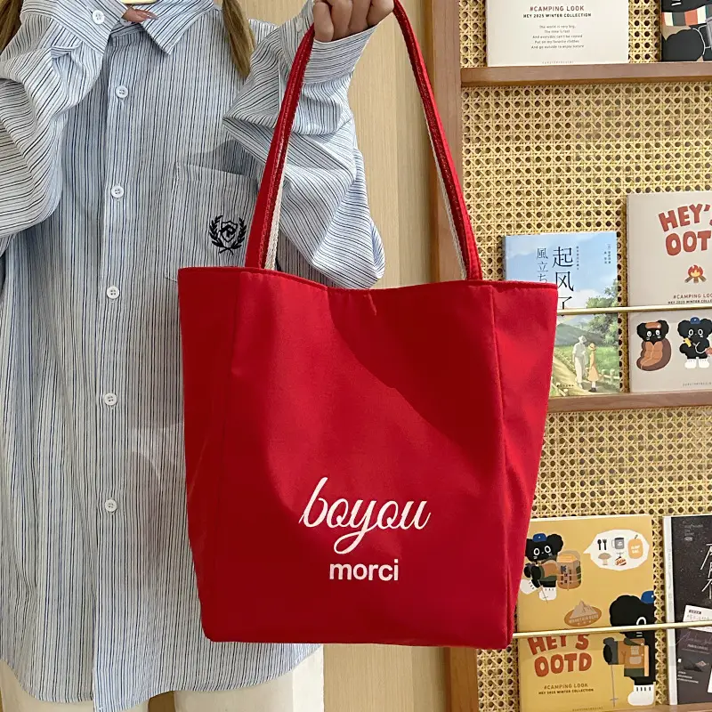 Striped Canvas Tote Bag Blue Red Large Capacity - Image 6