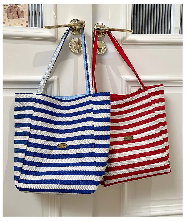 Striped Canvas Tote Bag Blue Red Large Capacity — feature 22