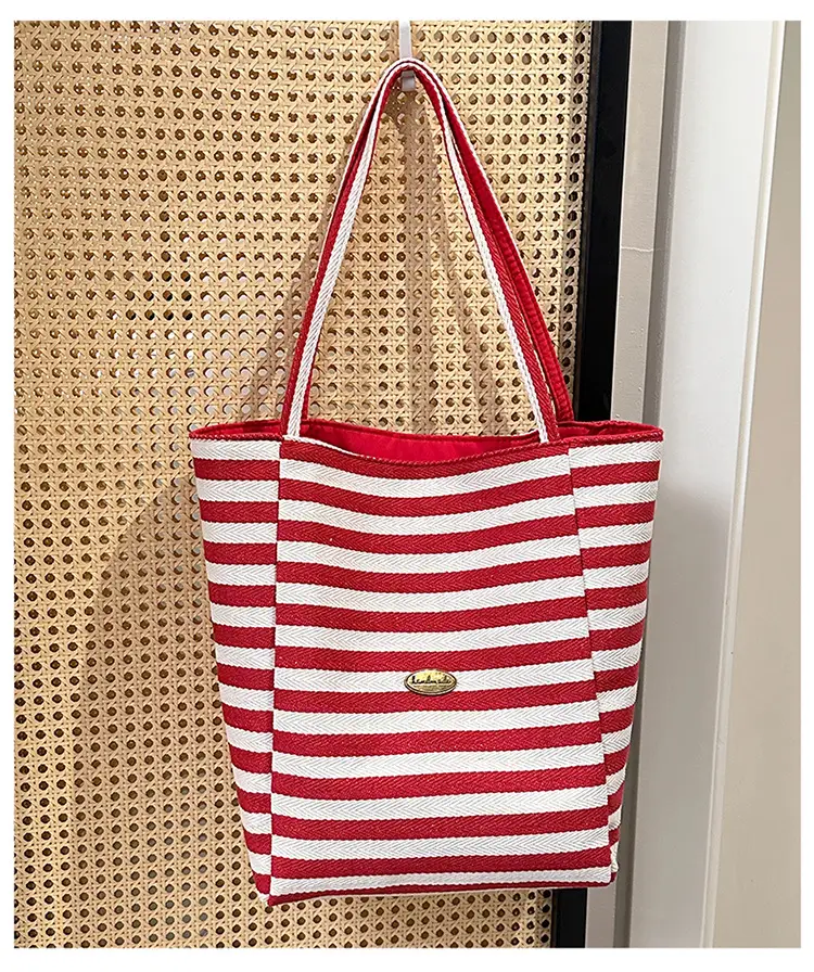 Striped Canvas Tote Bag Blue Red Large Capacity — feature 23