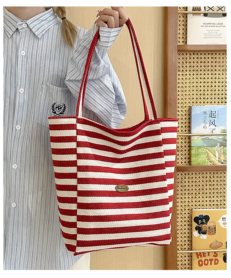 Striped Canvas Tote Bag Blue Red Large Capacity — feature 8