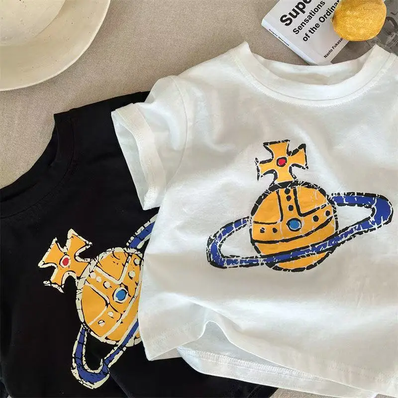 Summer Boys Cartoon Print T-Shirt White Black