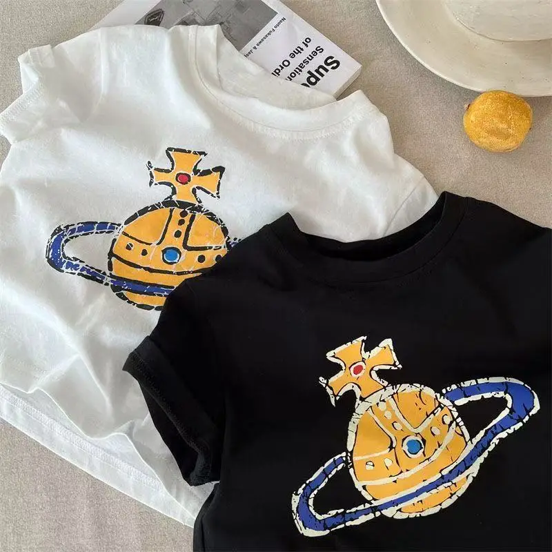 Summer Boys Cartoon Print T-Shirt White Black