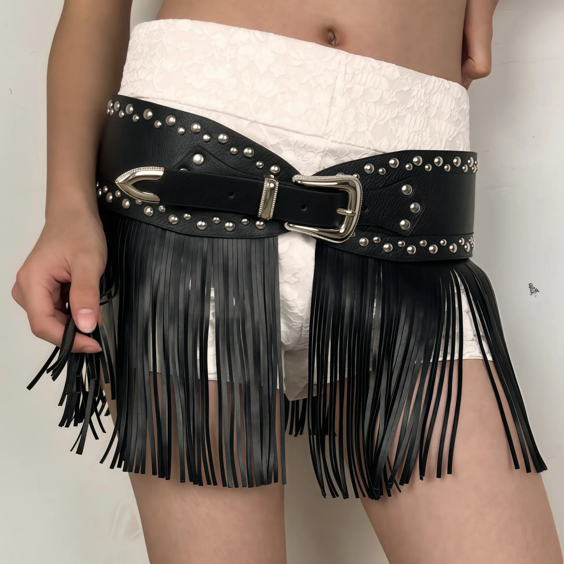Black Leather Tassel Belt with Buckle & Fringe