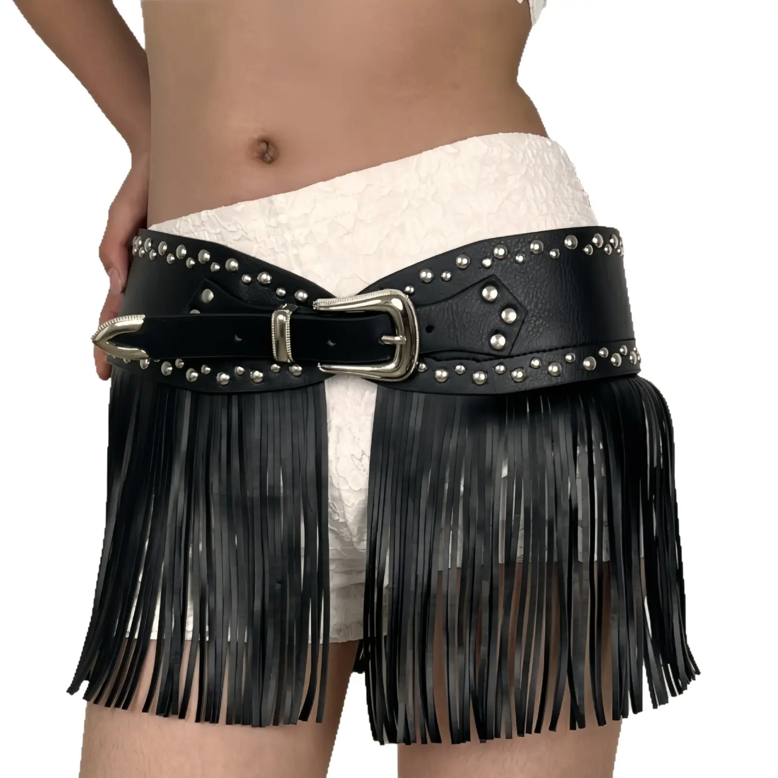 Black Leather Tassel Belt with Buckle & Fringe