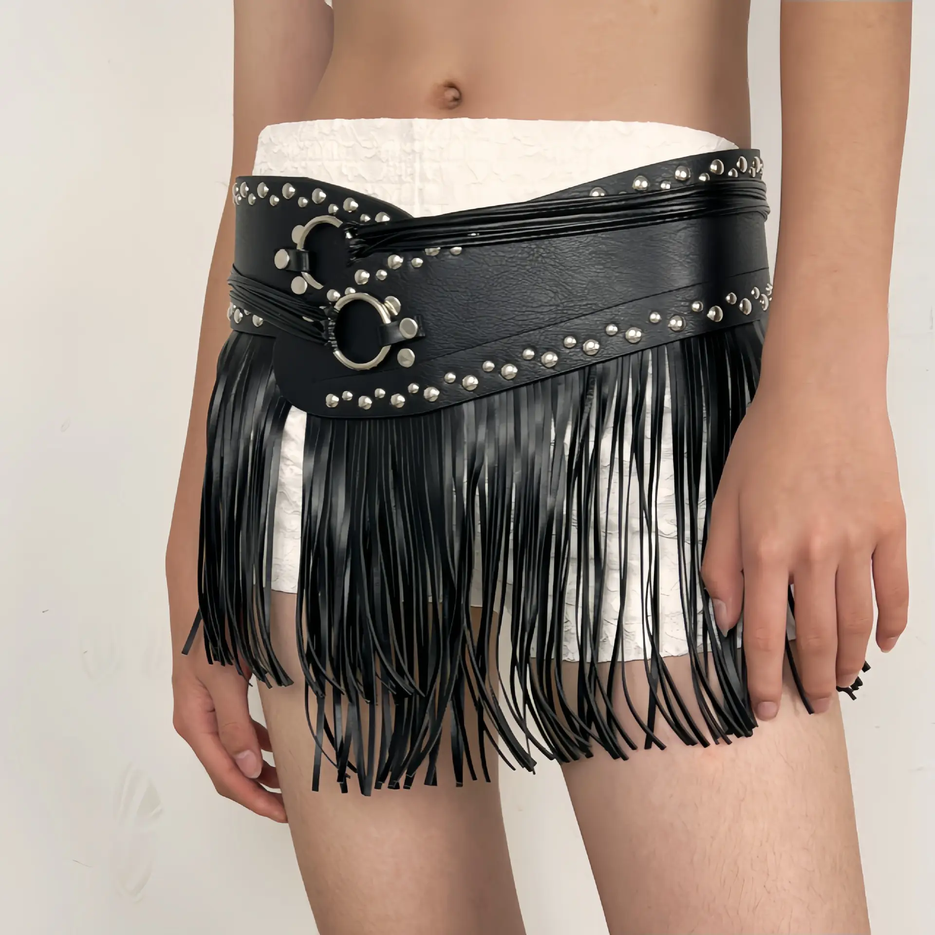 Black Leather Tassel Belt with Buckle & Fringe — feature 2