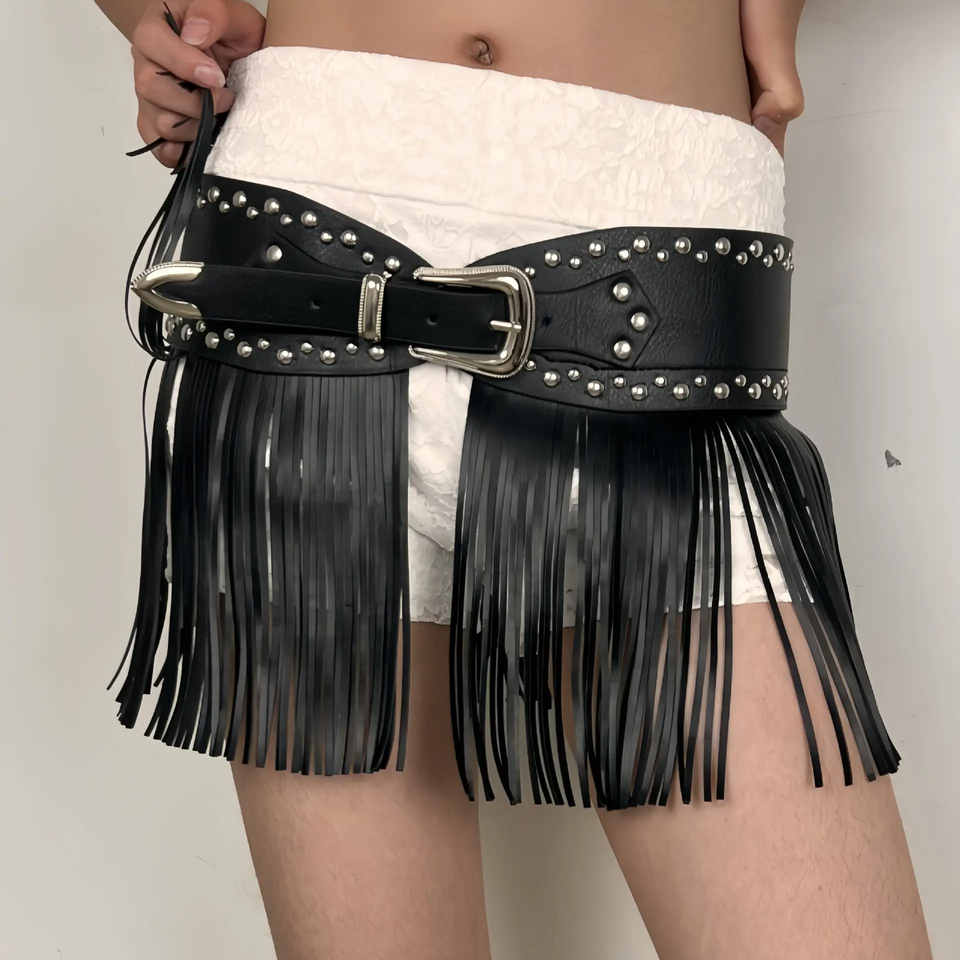 Black Leather Tassel Belt with Buckle & Fringe — feature 3