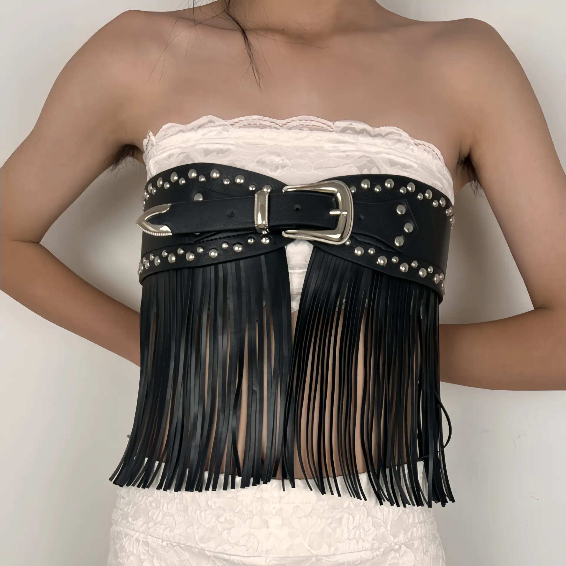Black Leather Tassel Belt with Buckle & Fringe — feature 4