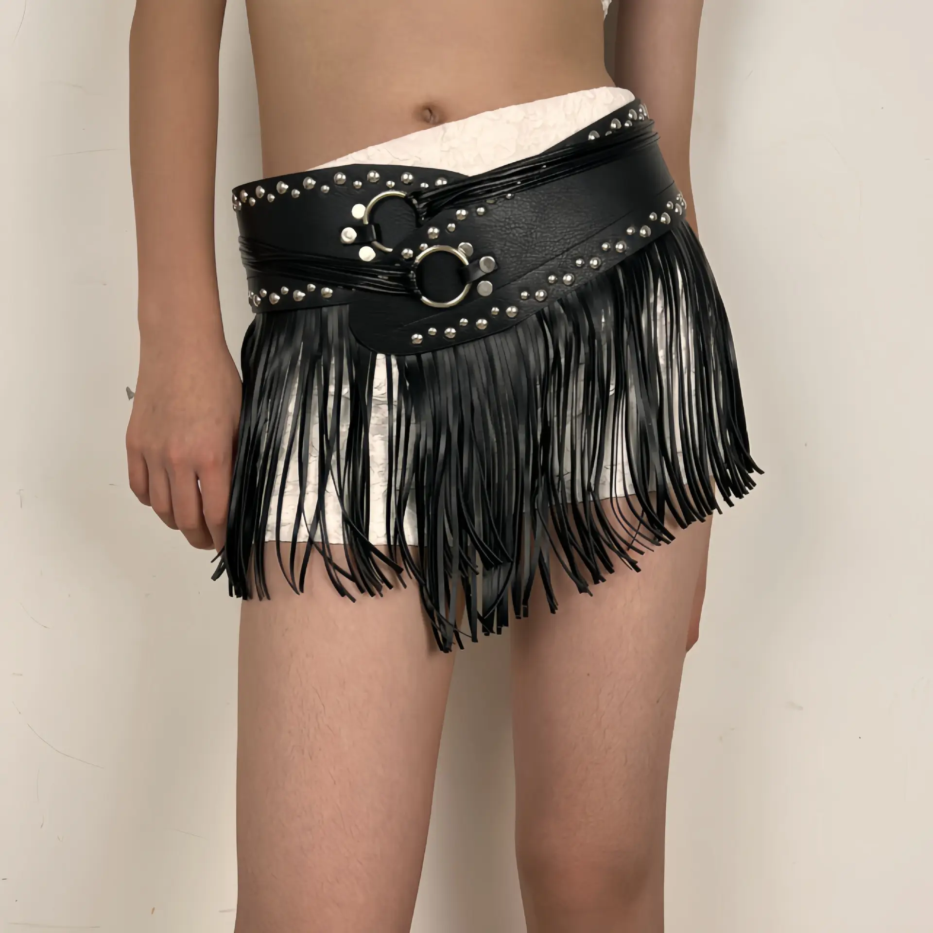 Black Leather Tassel Belt with Buckle & Fringe — feature 5