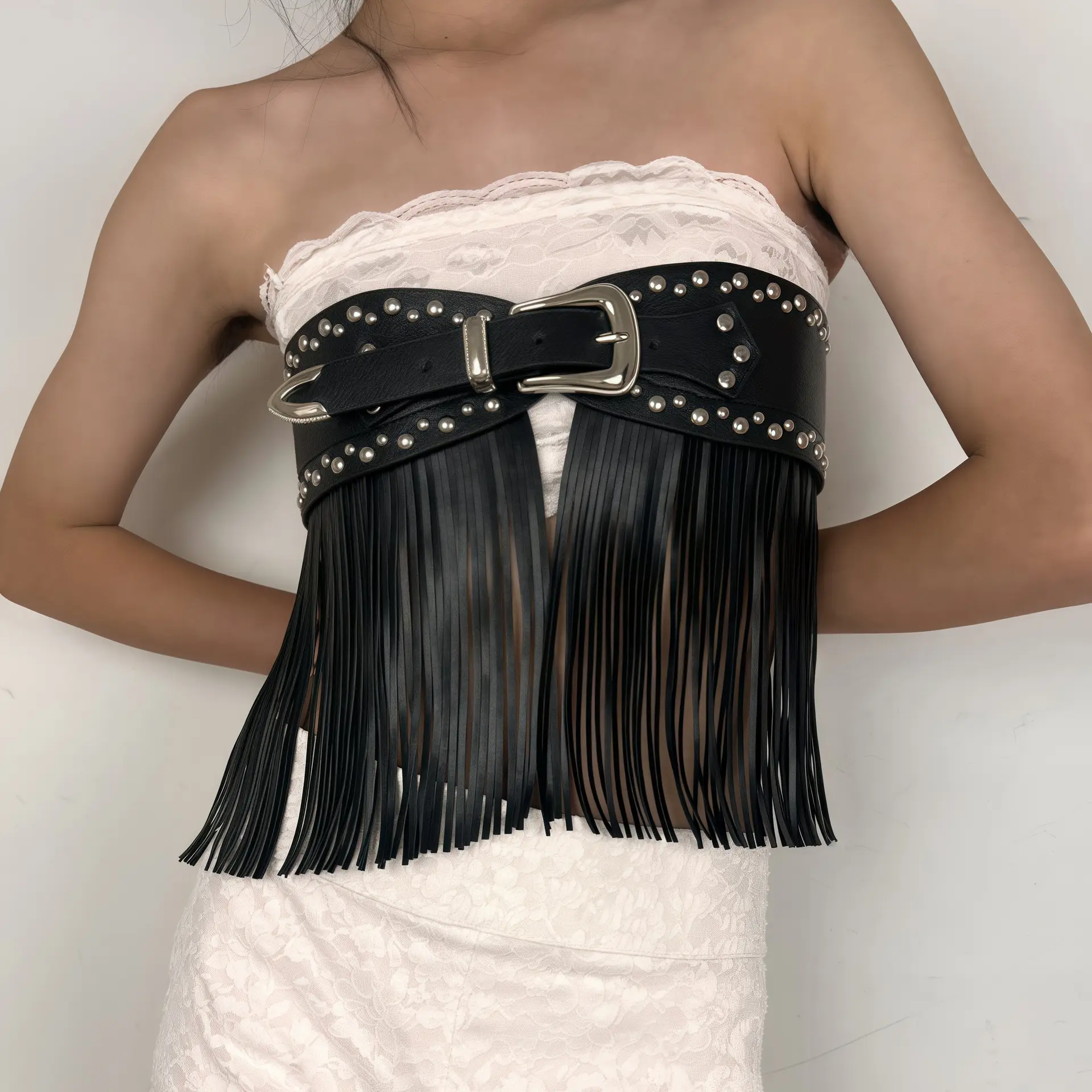 Black Leather Tassel Belt with Buckle & Fringe — feature 7