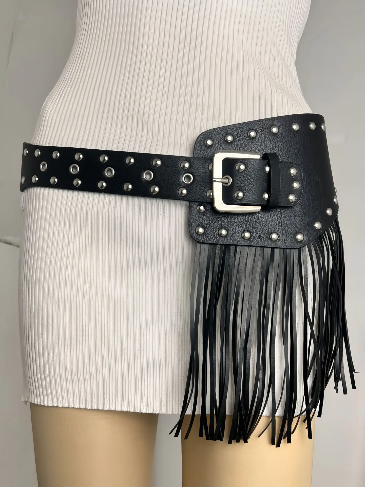 Black Leather Tassel Belt with Buckle & Fringe — feature 9