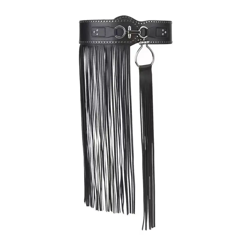 Black Leather Tassel Belt with Buckle & Fringe