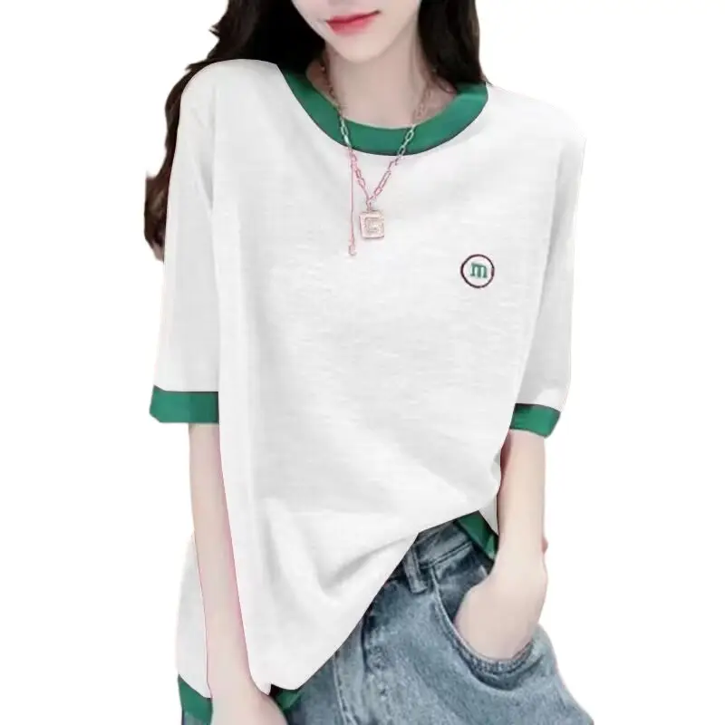 Short-Sleeved Bamboo Cotton T-Shirt for Women 2025 Spring and Summer New Thin Large Size Loose Casual Splicing Half-Sleeved Tops for Women
