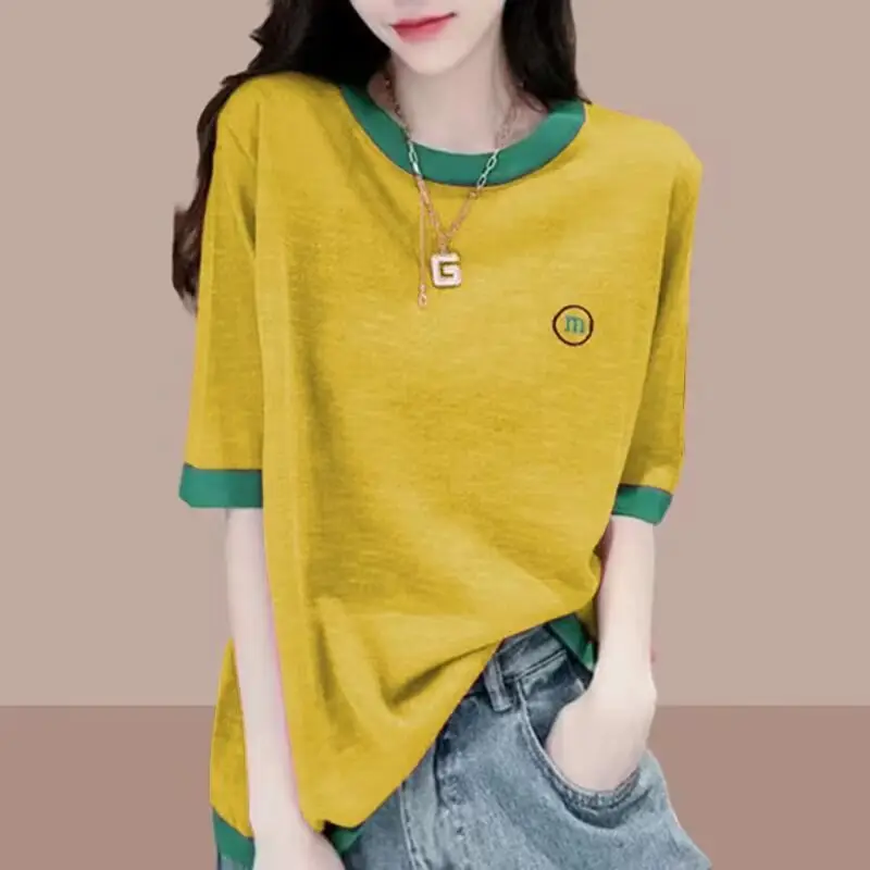Short-Sleeved Bamboo Cotton T-Shirt for Women 2025 Spring and Summer New Thin Large Size Loose Casual Splicing Half-Sleeved Tops for Women