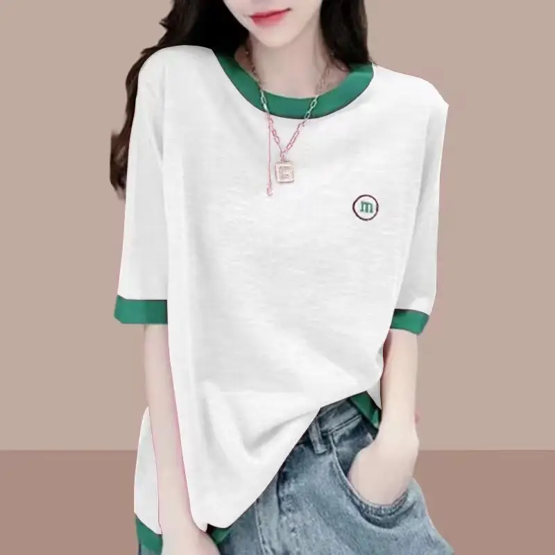 Short-Sleeved Bamboo Cotton T-Shirt for Women 2025 Spring and Summer New Thin Large Size Loose Casual Splicing Half-Sleeved Tops for Women